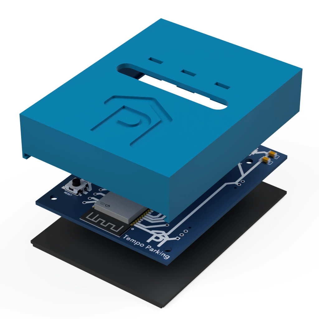 Exploded render of the device: housing and custom PCB