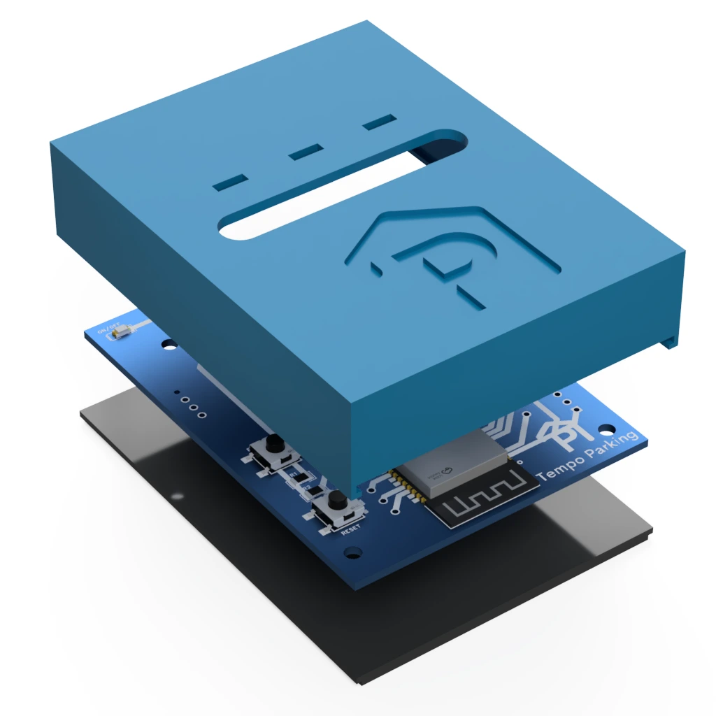 Angled exploded render, with the radio module on the board