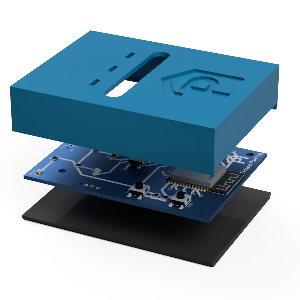 Exploded render showing the top face of the PCB