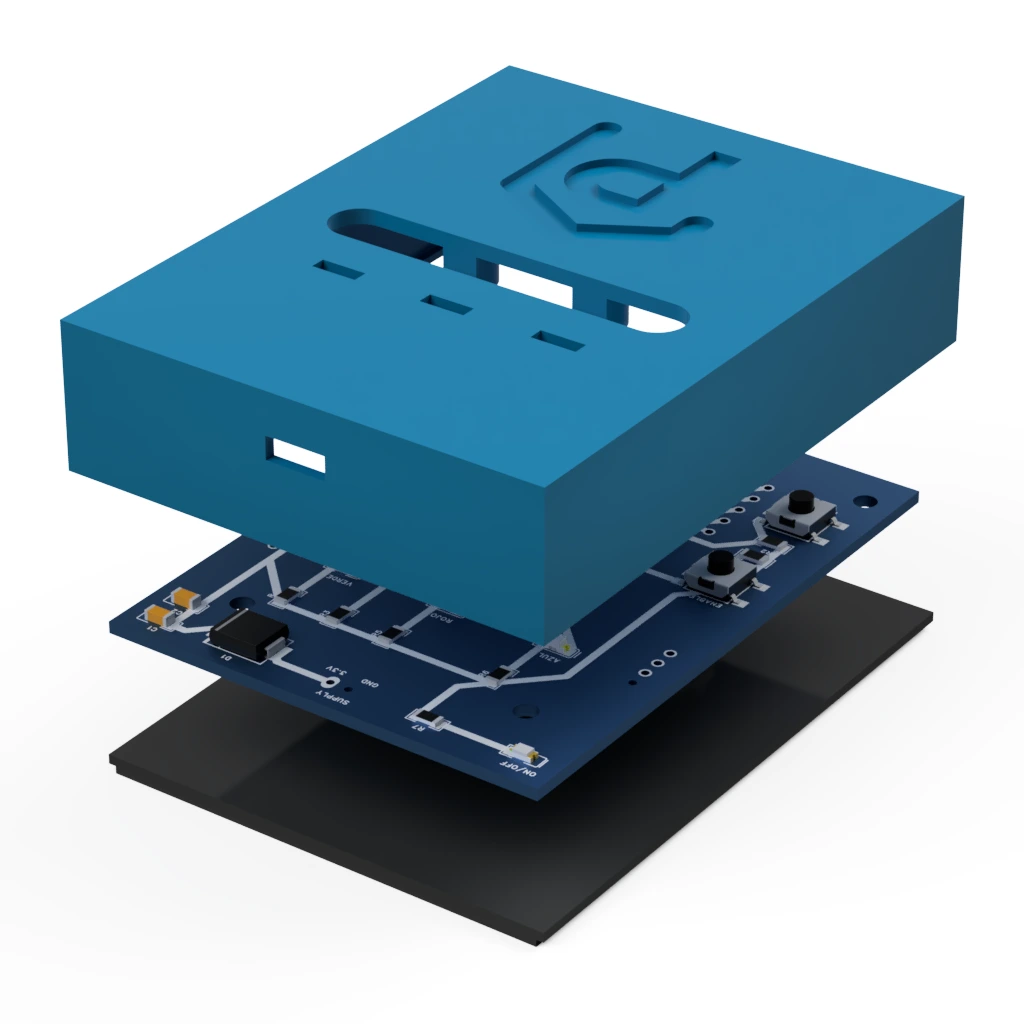 Exploded render of the assembly, side view