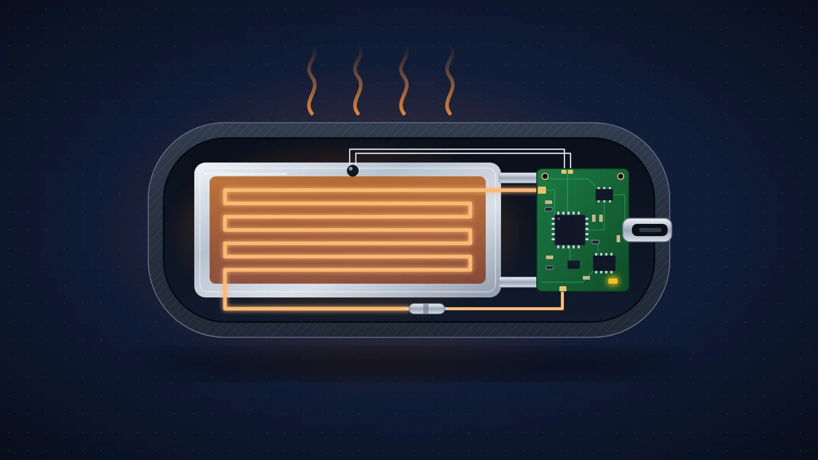 Ilustración en corte de un calentador de mano recargable: celda de litio, calefactor, sensor de temperatura, fusible térmico y placa con conector USB-C