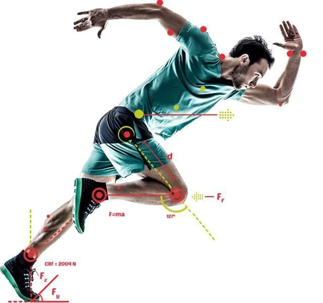 Ilustraci&oacute;n de captura de movimiento con puntos de sensorizaci&oacute;n repartidos por el cuerpo de un atleta en carrera