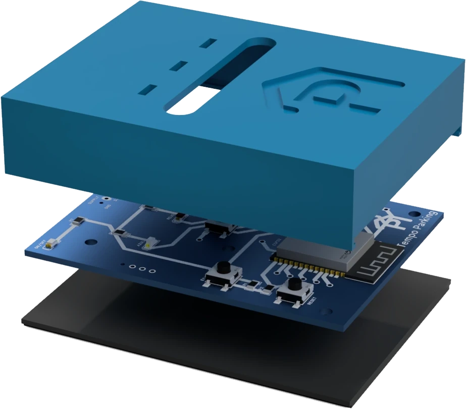 Exploded render of the TempoParking device: housing, custom PCB and base